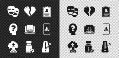 Komedi ve trajedi maskeleri, kırık kalp ya da boşanma, medikal pano, cenaze kederi, sakinleştirici haplar, sarkaçlı Metronom, kafa soru işareti ve çevrimiçi psikolog ikonu. Vektör