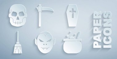 Set Vampiri, Haçlı Tabut, Cadı Süpürgesi, Cadılar Bayramı cadı kazanı, Tırpan ve Kafatası ikonu. Vektör