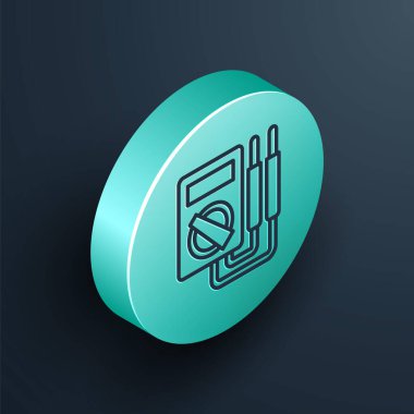Isometric çizgi Ampere metre, multimetre, voltmetre simgesi siyah arkaplanda izole. Elektrik akımını ölçmek için araçlar. Turkuaz daire düğmesi. Vektör İllüstrasyonu
