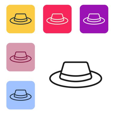 Beyaz arka planda izole edilmiş kurdele ikonu olan siyah çizgi adamı şapkası. Renkli kare düğmelerle simgeleri ayarla. Vektör