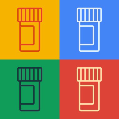 Pop sanat eseri ilaç şişesi ve renkli arka planda izole edilmiş hap ikonu. Şişe hapı işareti. Eczane tasarımı. Vektör