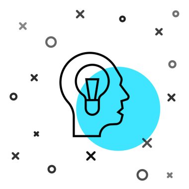 Beyaz zemin üzerinde lamba ikonu olan siyah çizgi insan. Fikir kavramı. Rastgele dinamik şekiller. Vektör