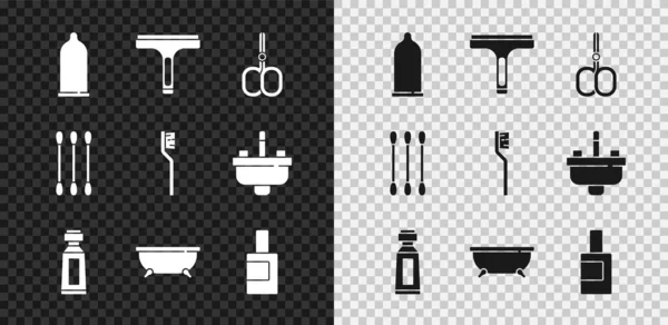 Prezervatif, lastik temizleyici, tırnak makası, diş macunu tüpü, küvet, temizlik malzemesi için şişe pamuklu bez kulak ve diş fırçası ikonu. Vektör