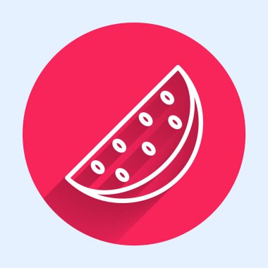 Beyaz çizgi karpuz simgesi uzun gölge arkaplan izole. Kırmızı daire düğmesi. Vektör