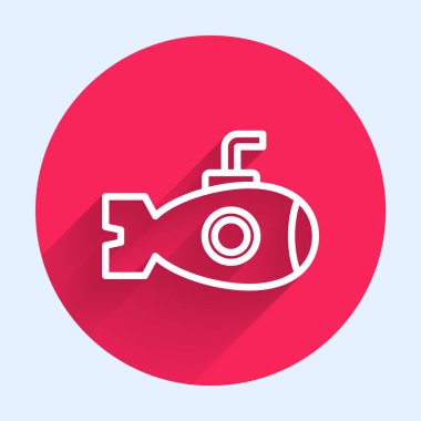 Beyaz çizgi denizaltı simgesi uzun gölge arkaplanı ile izole edildi. Askeri gemi. Kırmızı daire düğmesi. Vektör