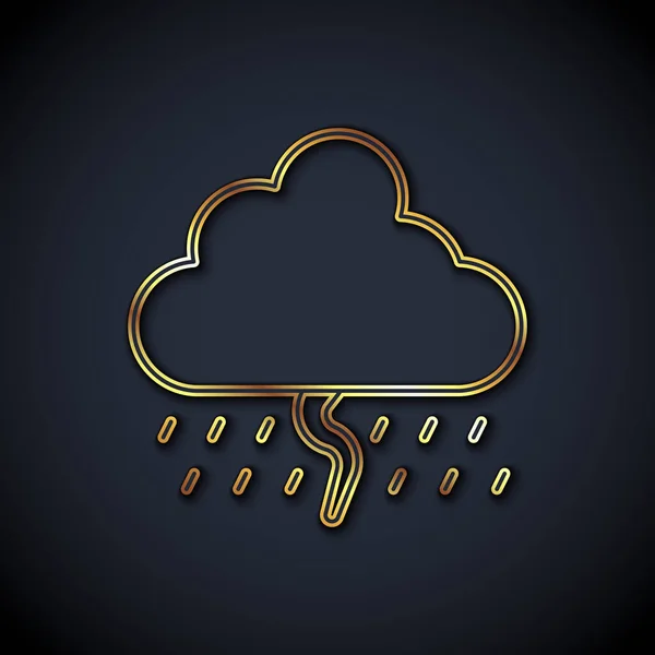 Goldene Linie Wolke mit Regen und Blitz-Symbol auf schwarzem Hintergrund. Regenwolken Niederschlag mit Regentropfen. Wettersymbol des Sturms. Vektor — Stockvektor
