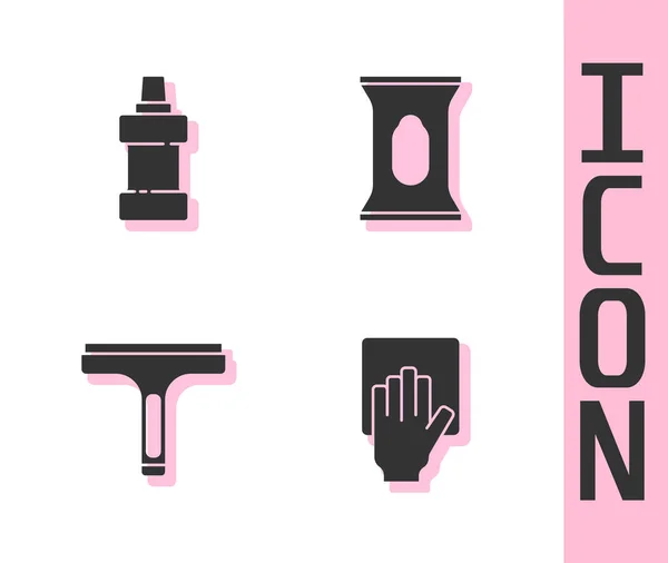Set Servicio de limpieza, Botella para agente de limpieza, Limpiador de goma e icono del paquete de toallitas húmedas. Vector — Vector de stock