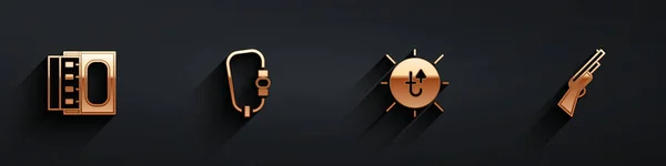 Set Matchbox a zápalky, karabina, Sun a Hunting zbraň ikona s dlouhým stínem. Vektor — Stockový vektor