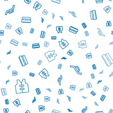 Çizgili Life ceketi, güneşli yatak ve şemsiye ve otel odasını pürüzsüz bir şekilde ayarlayın. Vektör.