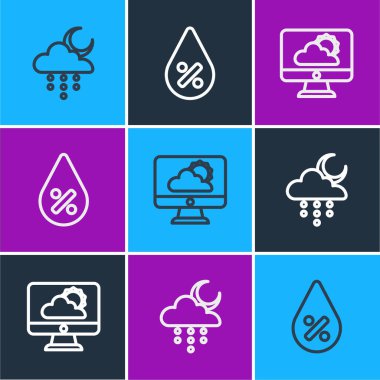 Bulut 'u yağmur ve ay ile, hava tahmini ve su indirme ikonu ile ayarlayın. Vektör.