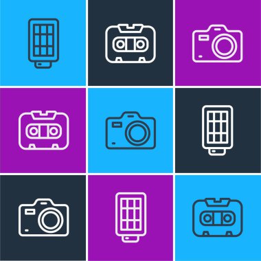 Softbox ışığı, fotoğraf makinesi ve Retro ses kaset ikonu ayarla. Vektör.