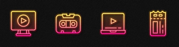 Définir Ligne Vidéo Lecture Ligne Cassette Audio Rétro Billet Cinéma — Image vectorielle