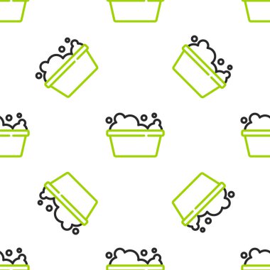 Sabun köpüğü ikonlu çizgi plastik leğen beyaz arka planda izole edilmiş pürüzsüz desen. Sulu kase. Çamaşır yıkama, temizlik malzemeleri. Vektör