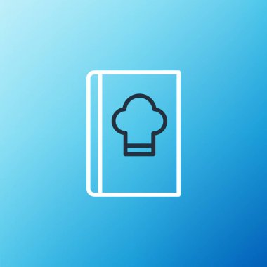 Satır Yemek Kitabı simgesi mavi arkaplanda izole edildi. Yemek kitabı ikonu. Yemek tarifi kitabı. Çatal ve bıçak ikonları. Çatal bıçak sembolü. Renkli taslak konsepti. Vektör