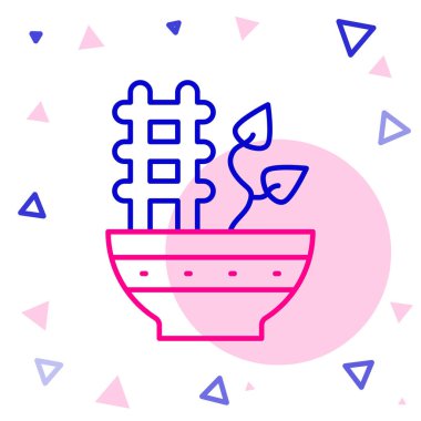 Çömlek simgesindeki Çizgi Tesisi beyaz arkaplanda izole edildi. Tencerede yetişen bir bitki. Saksı bitkisi işareti. Renkli taslak konsepti. Vektör