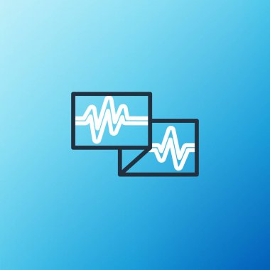 Mavi arkaplanda kardiyogram simgesi olan çizgi bilgisayar monitörü izole edildi. Simge denetleniyor. Kalp atışı elle çizilmiş EKG monitörü. Renkli taslak konsepti. Vektör