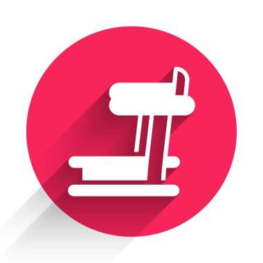 Beyaz Koşu bandı makine simgesi uzun gölgeli izole. Kırmızı daire düğmesi. Vektör