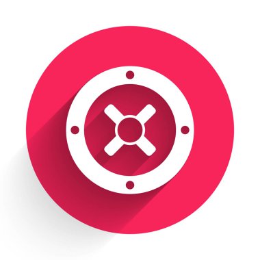 Beyaz Kasa simgesi uzun gölge arkaplanı ile izole edildi. Kapı, şifreli bir banka kasası. Güvenilir Veri Koruma. Kırmızı daire düğmesi. Vektör