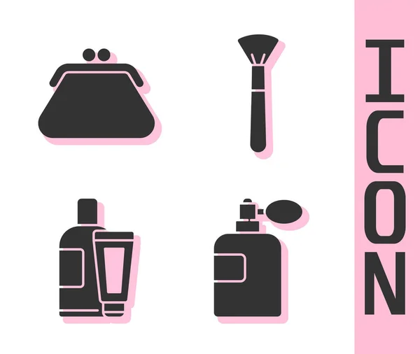 Встановіть парфуми, мішок для зчеплення, крем або лосьйон косметичної трубки та піктограму пензля для макіяжу. Векторні — стоковий вектор