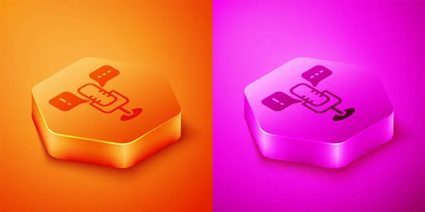 Isométrique icône de la liberté d'expression isolée sur fond orange et rose. Liberté d'expression. Bouton hexagonal. Vecteur — Image vectorielle