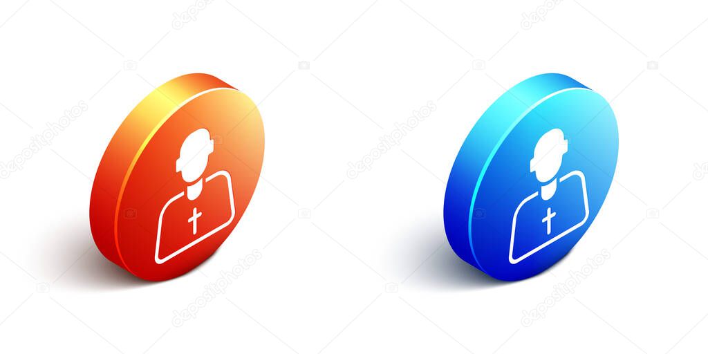 Isometric Priest icon isolated on white background. Orange and blue circle button. Vector