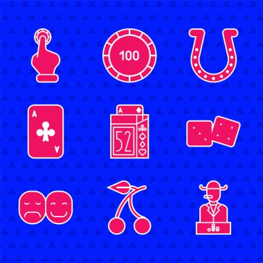 İskambil destesi, kirazlı kumarhane kumar makinesi, poker oyuncusu, zar oyunu, oyun sopaları, at nalı ve el kumarhane fişi ikonu. Vektör