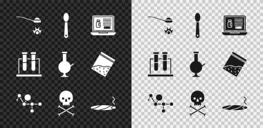 Eroini kaşığa koy, internetten uyuşturucu al, kenevir molekülü, Kafatası çapraz kemikleri, dumanlı puro, test tüpü, matara ve esrar ikonu içmek için Glass bong al. Vektör