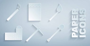 Kazma, ateşle yanan kibrit, istasyon binası, yangın küreği, kibrit kutusu, kibrit kutusu ve sigara ikonu. Vektör