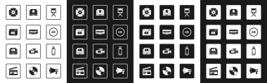 Yönetmen koltuğu, Smart Video 'lu Screen TV, Online play 4k, Movie spotları, Ultra HD, Laptop yıldızı, USB flash disk ve simge. Vektör