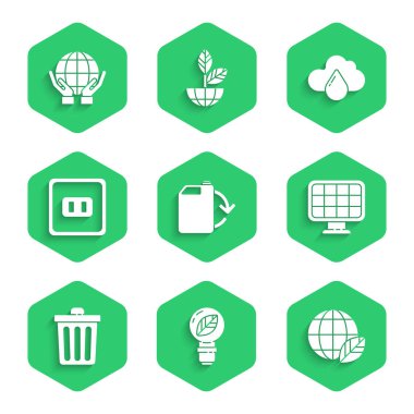 Eko yakıt tüpü, yapraklı ampul, dünya küresi ve güneş enerjisi paneli, çöp, elektrik prizi, bulut yağmuru ve elleri simge tutan eller. Vektör