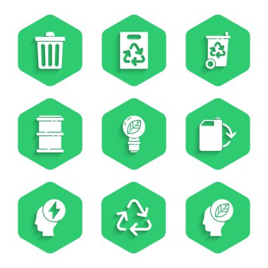 Ampulü yaprak, Geri Dönüşüm sembolü, İnsan kafası, Eko yakıt tüpü, Kafa ve Elektrik, Fıçı, Çöp Geri Dönüşümü ve Çöp ikonu ile ayarla. Vektör