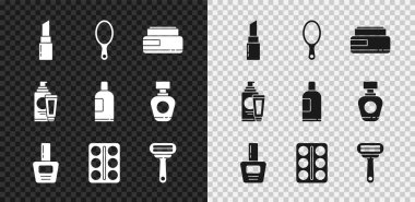 Ruj, el aynası, krem losyonu kozmetik tüp, tırnak cilası şişesi, göz farı paleti, tıraş jileti ve şampuan ikonu. Vektör