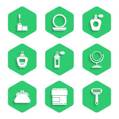 Parfüm, krem ya da losyon kozmetik tüpü, tıraş bıçağı, yuvarlak makyaj aynası, debriyaj çantası ve Mascara fırça ikonu. Vektör