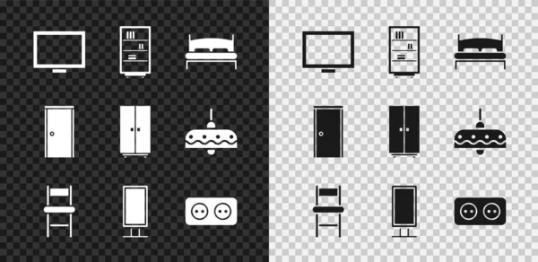 Resim çerçevesini masaya, kütüphane kitaplığına, büyük yatağa, sandalyeye, tam boy aynaya, elektrik prizine, kapalı kapıya ve gardırop simgesine ayarla. Vektör
