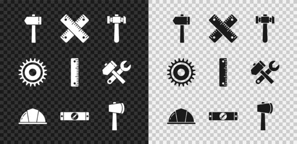 Set Hammer, Crossed linjal, Arbetare säkerhetshjälm, Byggbubbla nivå, Trä yxa, Cirkulär sågblad och härskare ikon. Vektor — Stock vektor