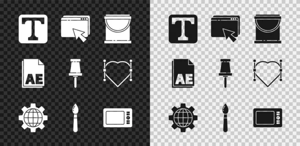 Text, Webdesign und -entwicklung, Maleimer, Erdkugel, Pinsel, Grafiktablett, AE-Dateidokument und Push-Pin-Symbol einstellen. Vektor — Stockvektor