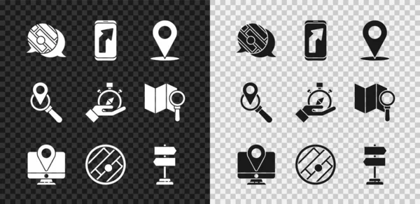 Nastavit Infographic of city map navigation, Město, Umístění, Monitor with location marker, skládaný, Road traffic sign, Search and Compass icon. Vektor — Stockový vektor