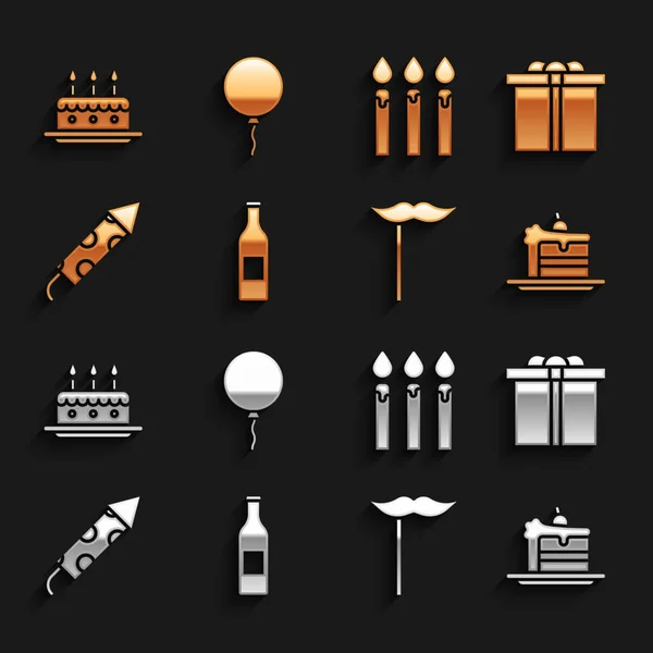 Set Beer bottle, Gift box, Cake, Paper mustache on stick, Firework rocket, Birthday cake candles, with burning and Balloon ribbon icon. Vector Royalty Free Stock Illustrations