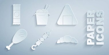 Izgara şiş kebap, Onigiri, tavuk budu, kruvasan, Asya eriştesi, çubuk ve çikolata ikonu. Vektör