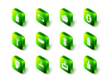 Bir kalıp sabun, köpüklü leğen, hijyenik peçete, terletici deodorant rulosu, temizlik malzemesi şişesi, sünger, şampuan ve duş başlığı ikonu. Vektör