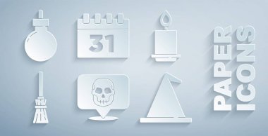 Kurukafa, yanan mum, cadılar süpürgesi, şapka, Cadılar Bayramı takvimi ve bomba ikonu patlatmaya hazır. Vektör