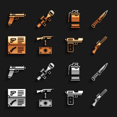 Saldırı tüfeği, ordu bıçağı, av tüfeği, tabanca ya da silah kataloğu, el bombası ve keskin nişancı optik görüş ikonu. Vektör