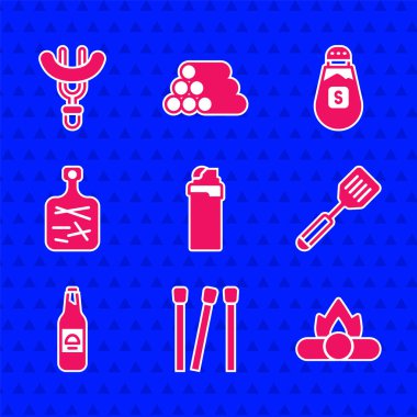 Set Çakmak, Kibrit, Kamp Ateşi, Spatula, bira şişesi, kesme tahtası, çatal simgesinde tuz ve sosis. Vektör