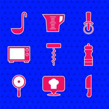 Şarap tirbuşonu, konumu, bıçağı, biberi, kızartma tavasını, mikrodalga fırını, pizza bıçağını ve mutfak kepçesi ikonunu ayarlayın. Vektör