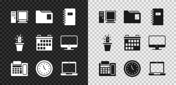 Set Computer monitor, Document map, Spiraal notebook, Telefoon, Klok, Laptop, Cactus en sappig in pot en kalender pictogram. Vector — Stockvector