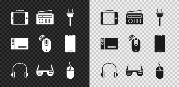 Set Graphic tablet, Radio with antenna, Electric plug, Headphones, Smart glasses, Computer mouse, and Wireless computer icon. Vector — Stock Vector