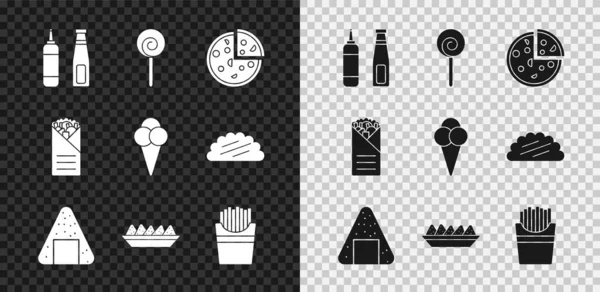 Set Sauce bottle, Lollipop, Pizza, Onigiri, Nachos in plate, Potatoes french fries box, Doner kebab and Ice cream waffle cone icon. Vector — Stock Vector