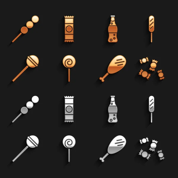 Set Lollipop, Corn dog, Candy, Chicken leg, Fles water, Gehaktballen op houten stokje en Chocolade bar icoon. Vector — Stockvector