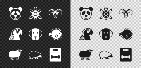 Set mignon visage de panda, tortue, tête de chèvre ou de bélier, mouton, hérisson, os de chien, perroquet et icône. Vecteur — Image vectorielle