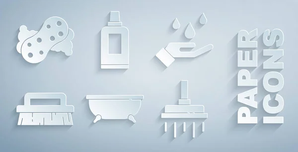Küveti hazırla, ellerini sabunla yıka, temizlik için fırçala, duş başlığı, şişe ajanı ve sünger ikonu. Vektör — Stok Vektör
